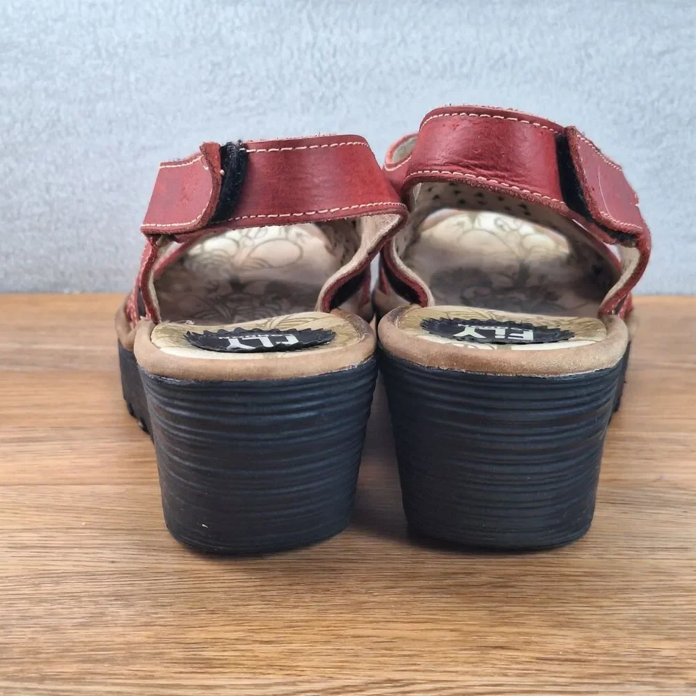 Fly London Ynes Women's 10.5 EU 41 Perforated Leather Wedge Sandals Black Red